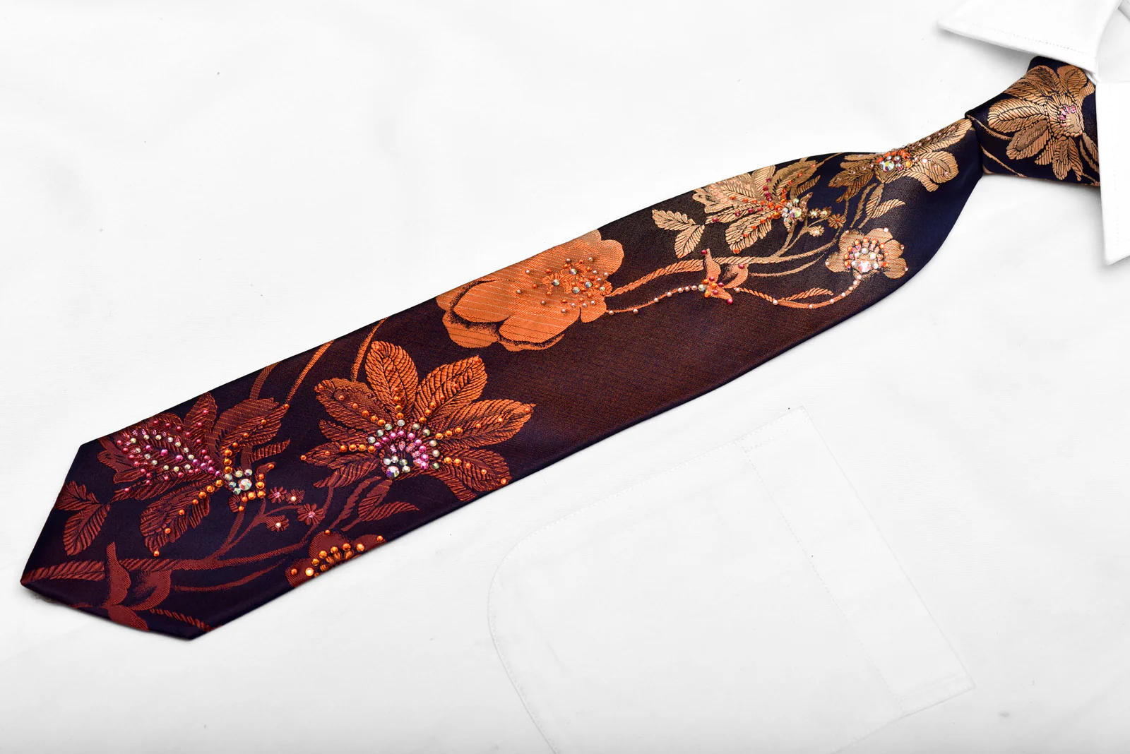 Orange Floral On Navy Rhinestone Silk Necktie - Image 3