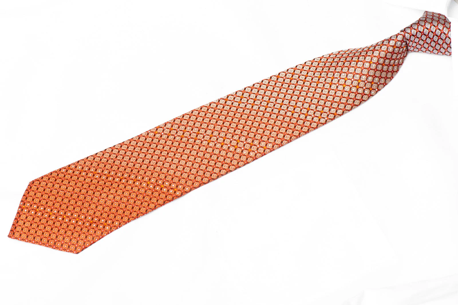 Orange Geometric Design On Brown Rhinestone Silk Necktie With Silver Sparkles - Image 2