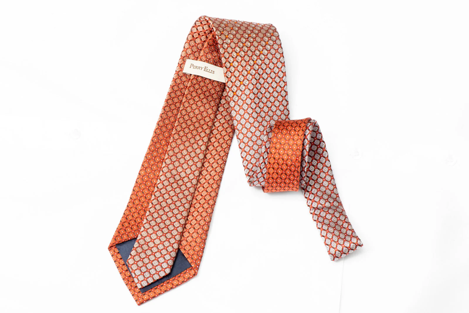 Orange Geometric Design On Brown Rhinestone Silk Necktie With Silver Sparkles - Image 3