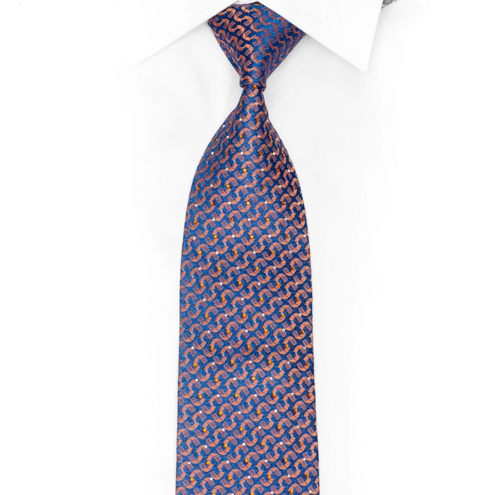 Orange Geometric On Blue Rhinestone Tie With Silver Sparkles