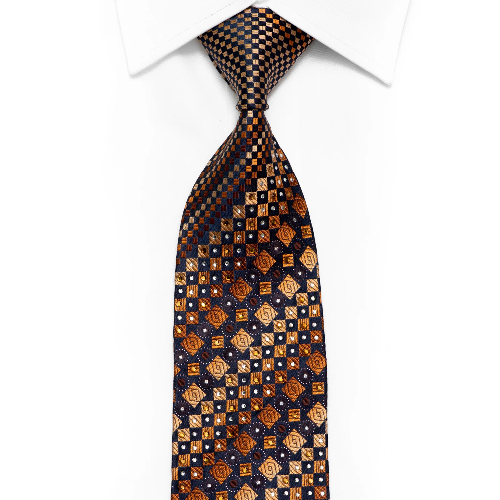 Orange Geometric On Navy Blue Rhinestone Silk Necktie With Sparkles