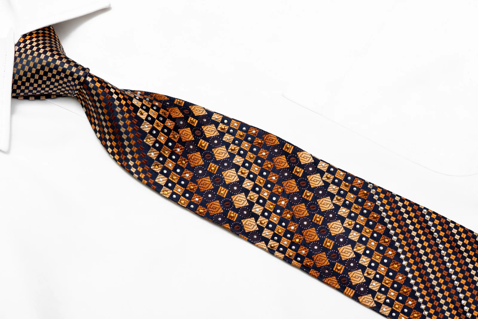 Orange Geometric On Navy Blue Rhinestone Silk Necktie With Sparkles - Image 2