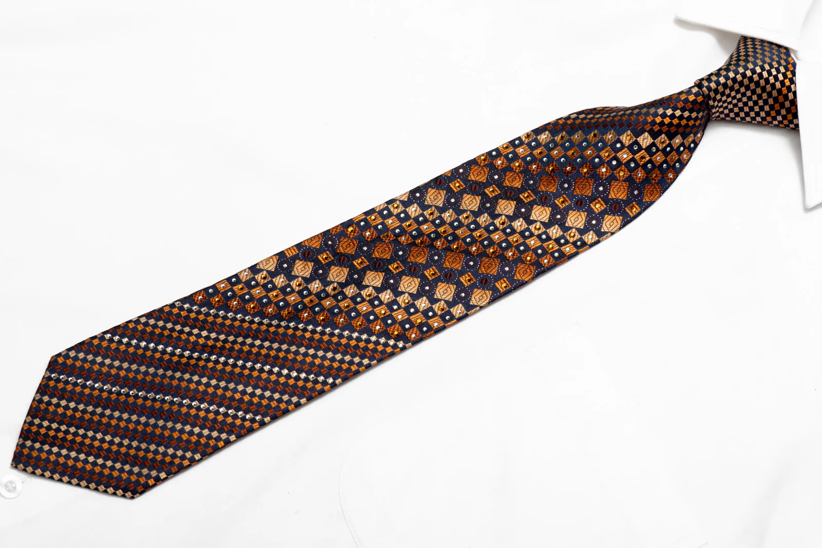 Orange Geometric On Navy Blue Rhinestone Silk Necktie With Sparkles - Image 3