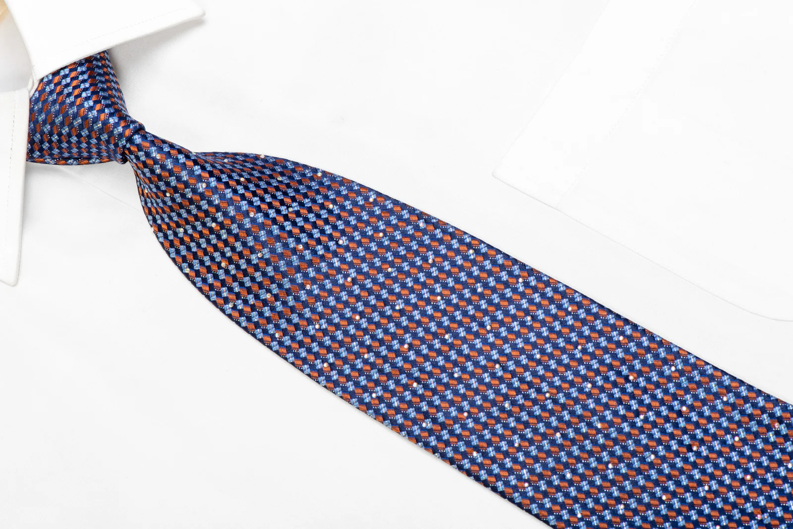 Orange Geometric On Navy Rhinestone Necktie With Sparkles - Image 2