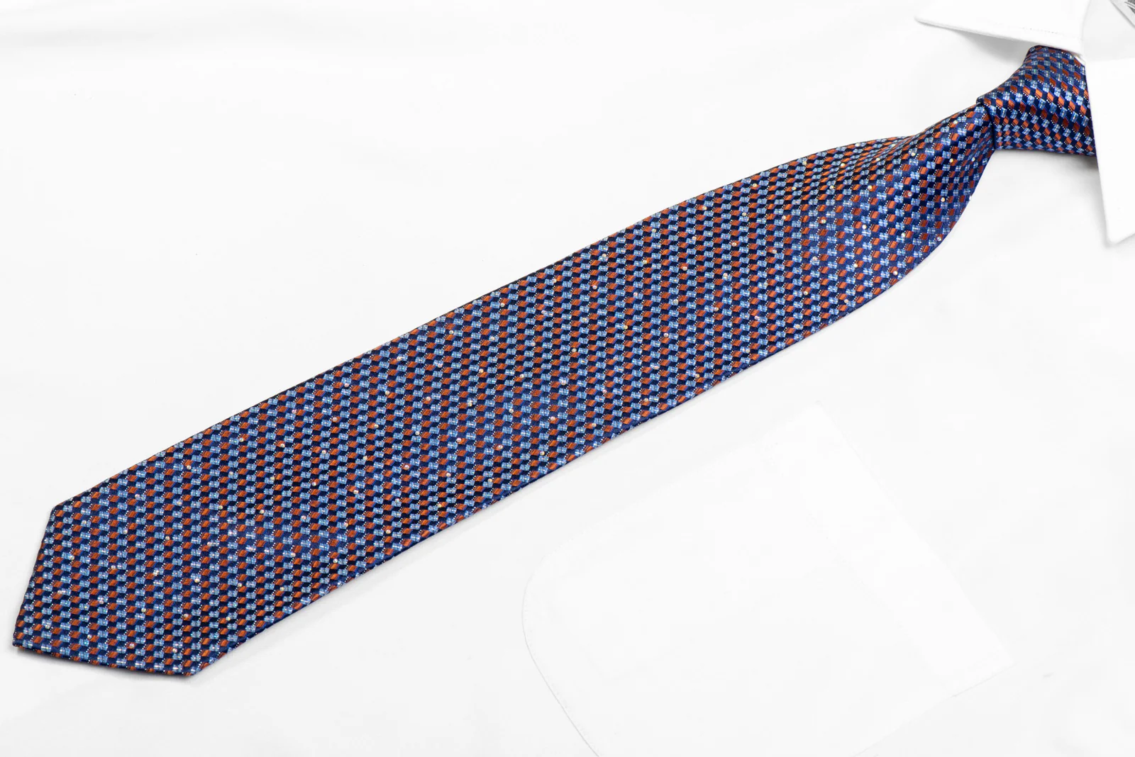 Orange Geometric On Navy Rhinestone Necktie With Sparkles - Image 3