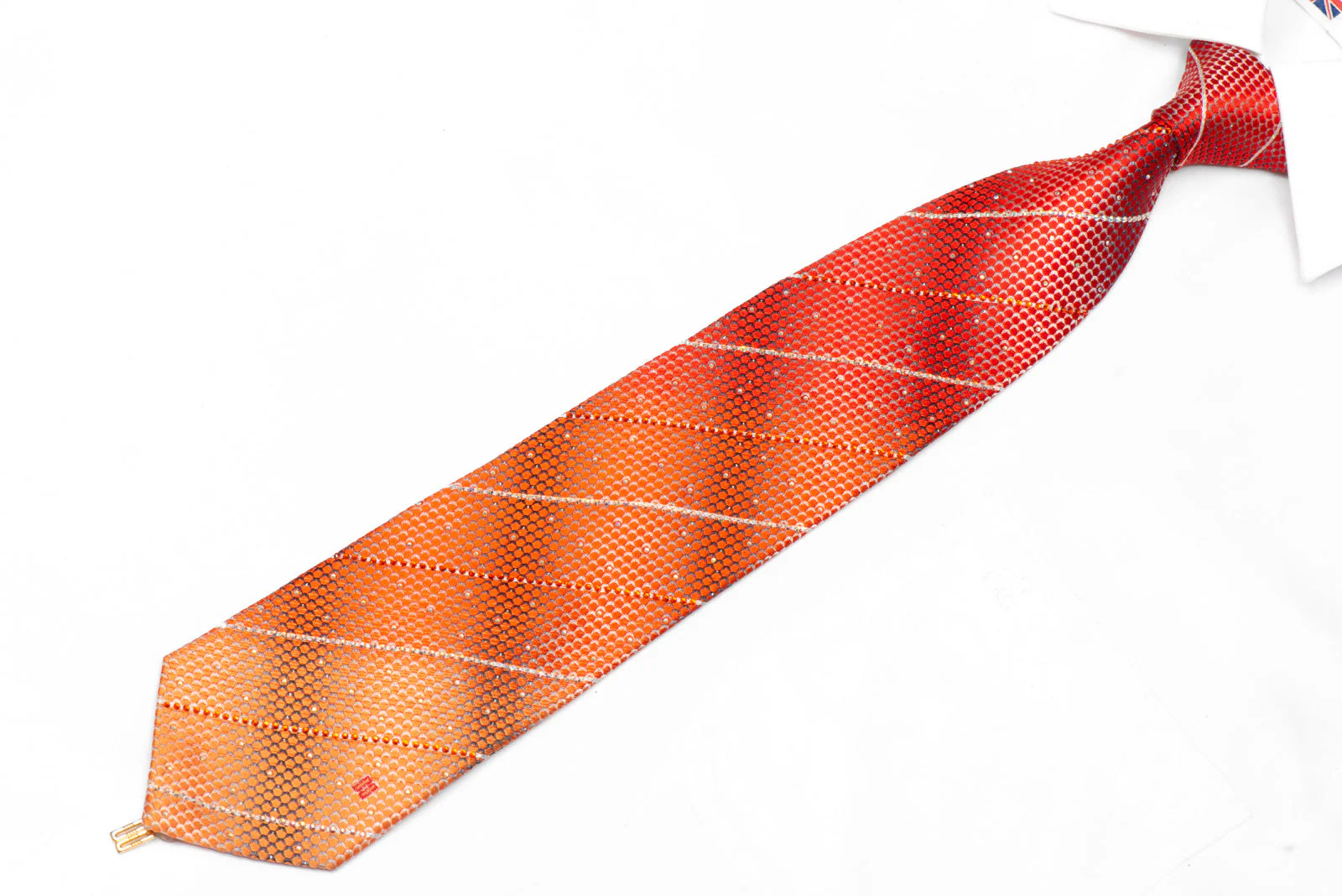 Orange Geometric & Striped Rhinestones On Silver Silk Tie With Sparkles - Image 2