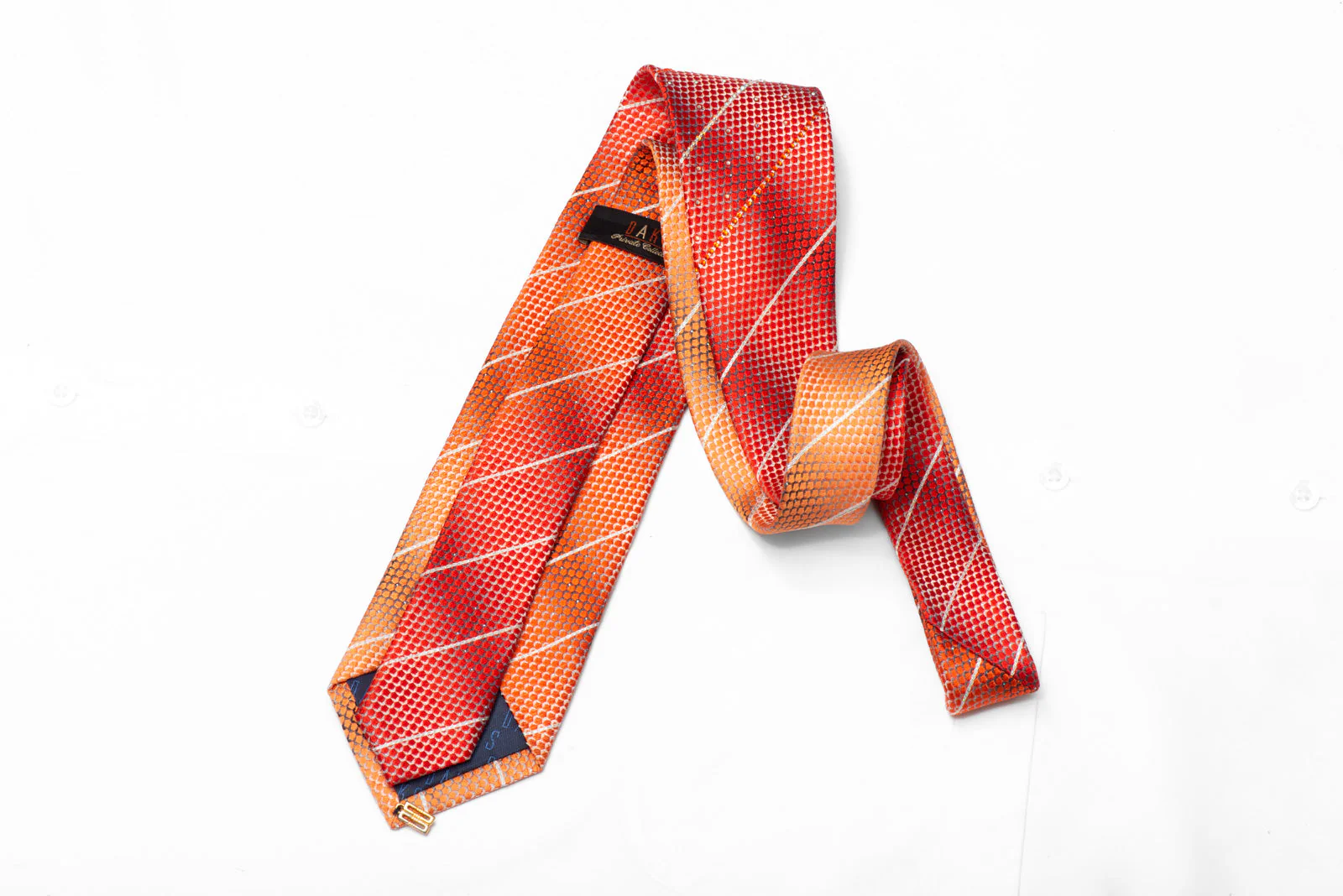 Orange Geometric & Striped Rhinestones On Silver Silk Tie With Sparkles - Image 3