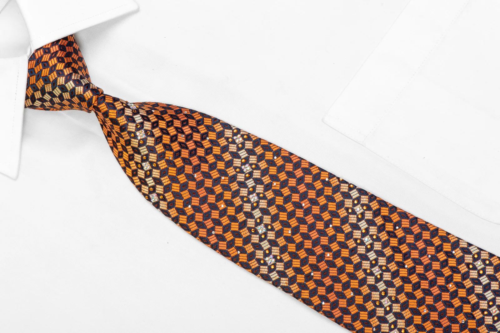 Orange Navy Geometric  Rhinestone Silk Necktie With Blue Sparkles - Image 2