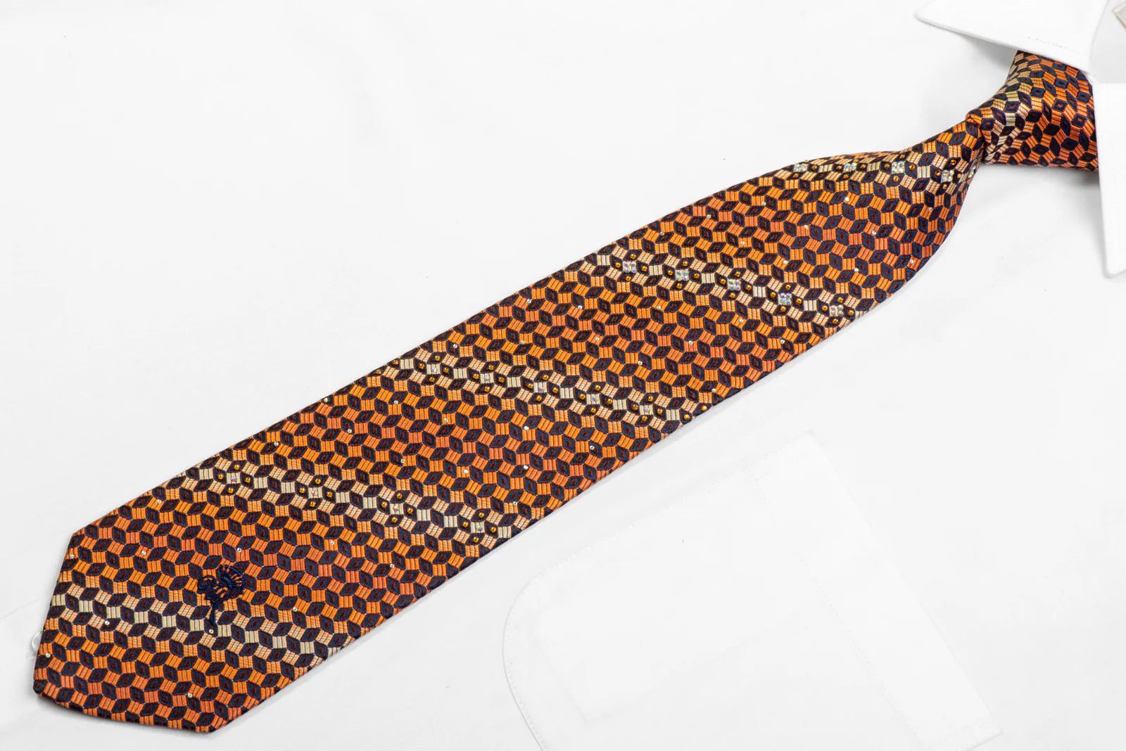 Orange Navy Geometric  Rhinestone Silk Necktie With Blue Sparkles - Image 3