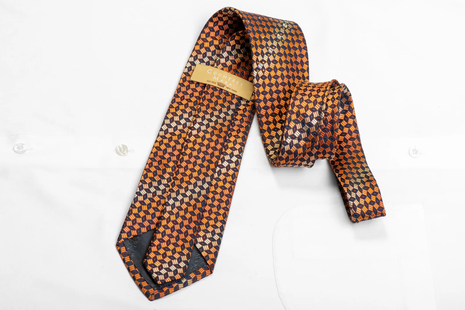 Orange Navy Geometric  Rhinestone Silk Necktie With Blue Sparkles - Image 4