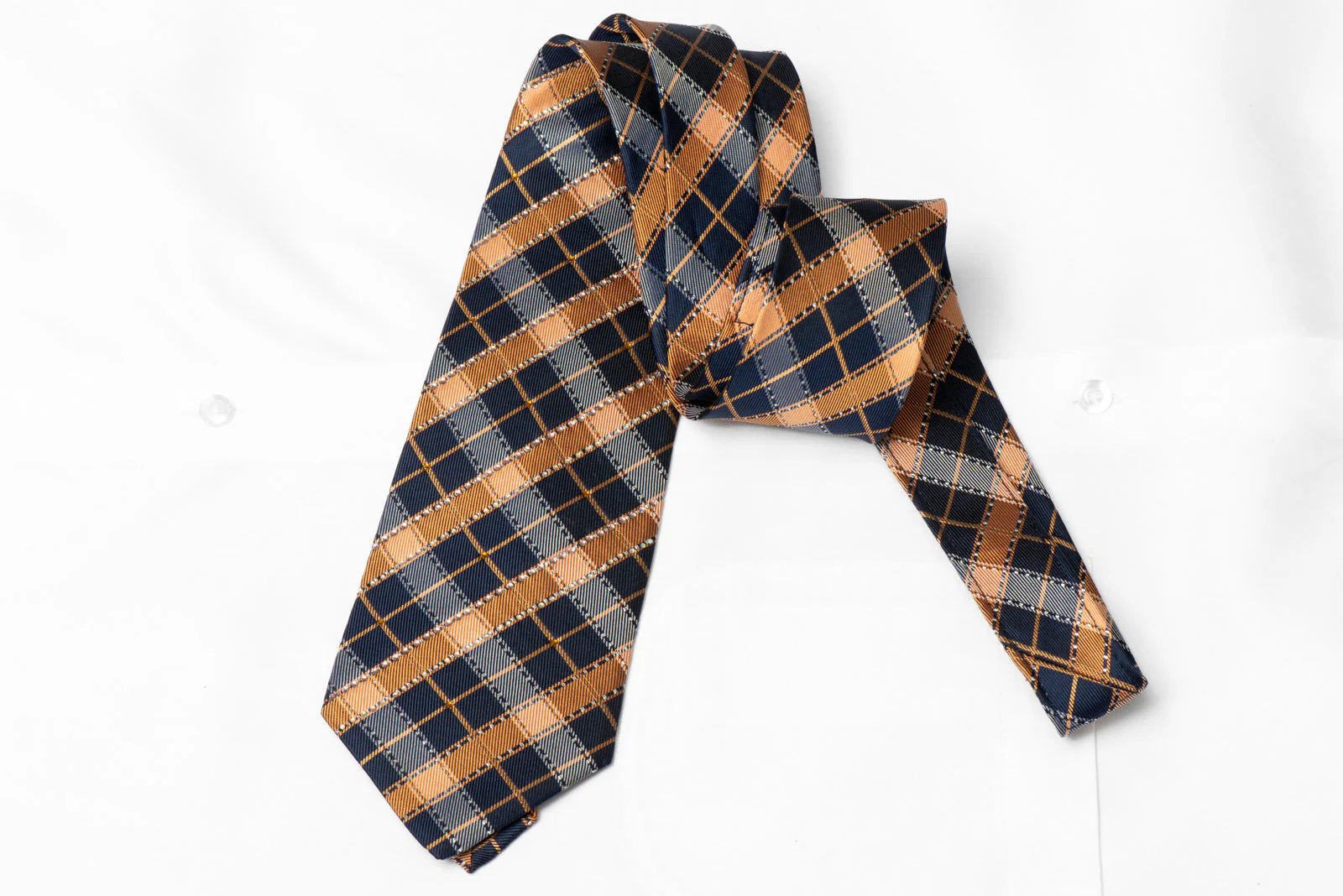 Orange Navy Plaid Design Rhinestone Silk Tie With Silver Sparkles - Image 3