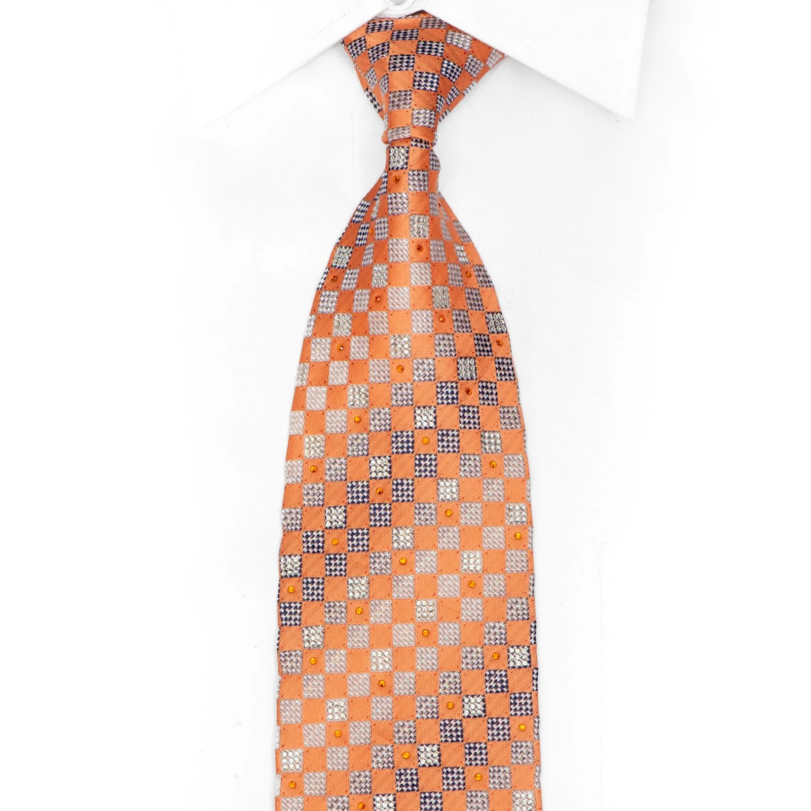 Orange Silver Checkered Woven Silk Tie with Rhinestones and Silver Sparkles