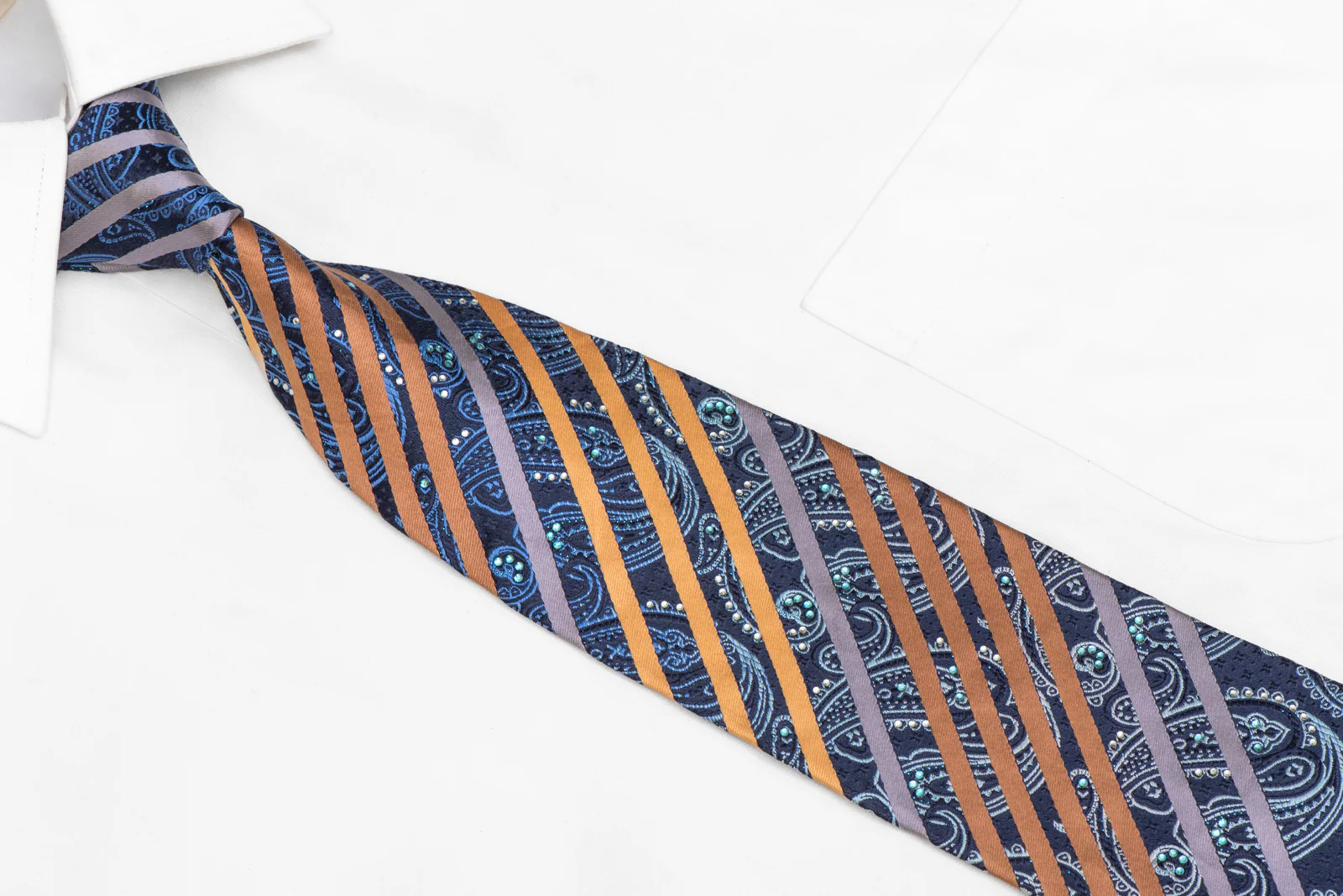 Orange Striped On Blue Paisley Rhinestone Silk Necktie With Blue Sparkles - Image 2