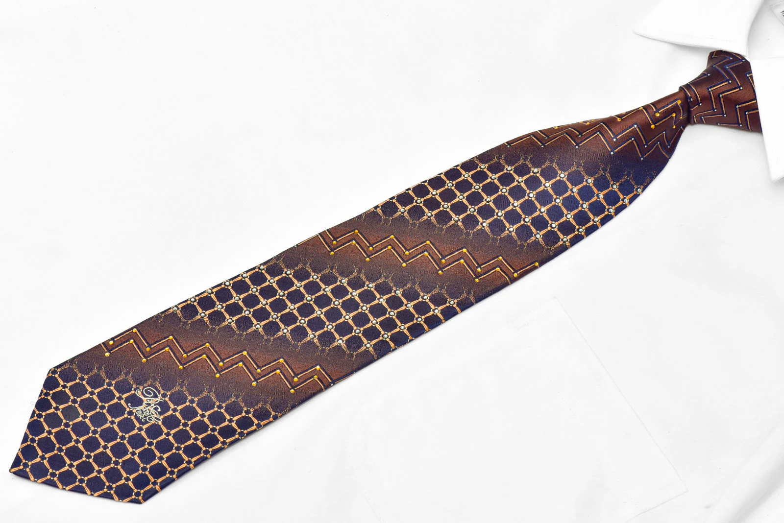 Orange Trellis On Brown Rhinestone Silk Necktie With Silver Sparkles - Image 2