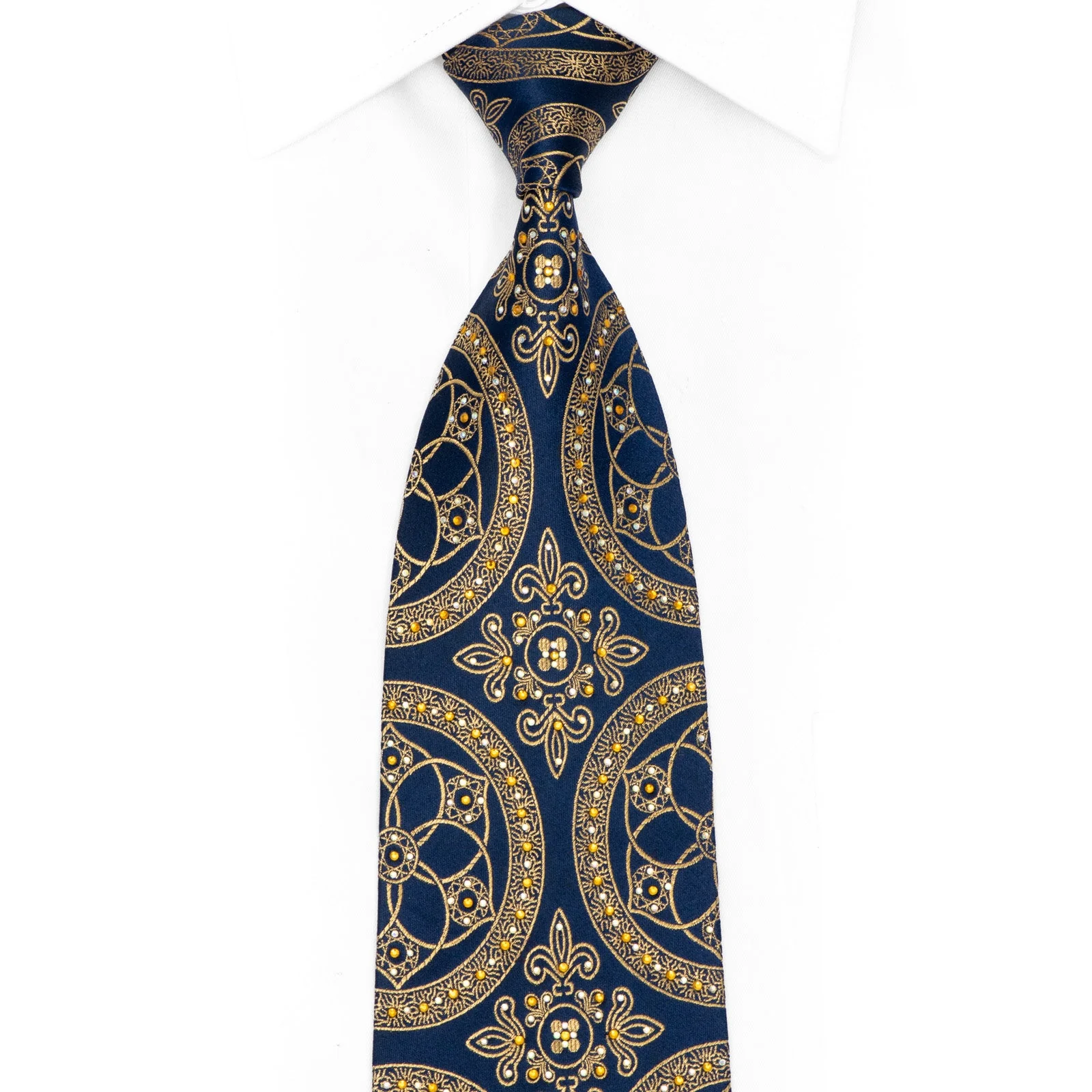 Ornate Gold Design Om Navy Blue Rhinestone Silk Tie With Gold Sparkles
