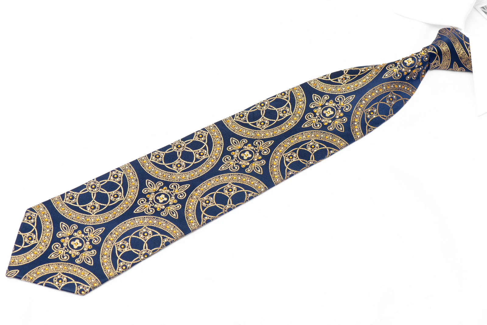 Ornate Gold Design Om Navy Blue Rhinestone Silk Tie With Gold Sparkles - Image 2