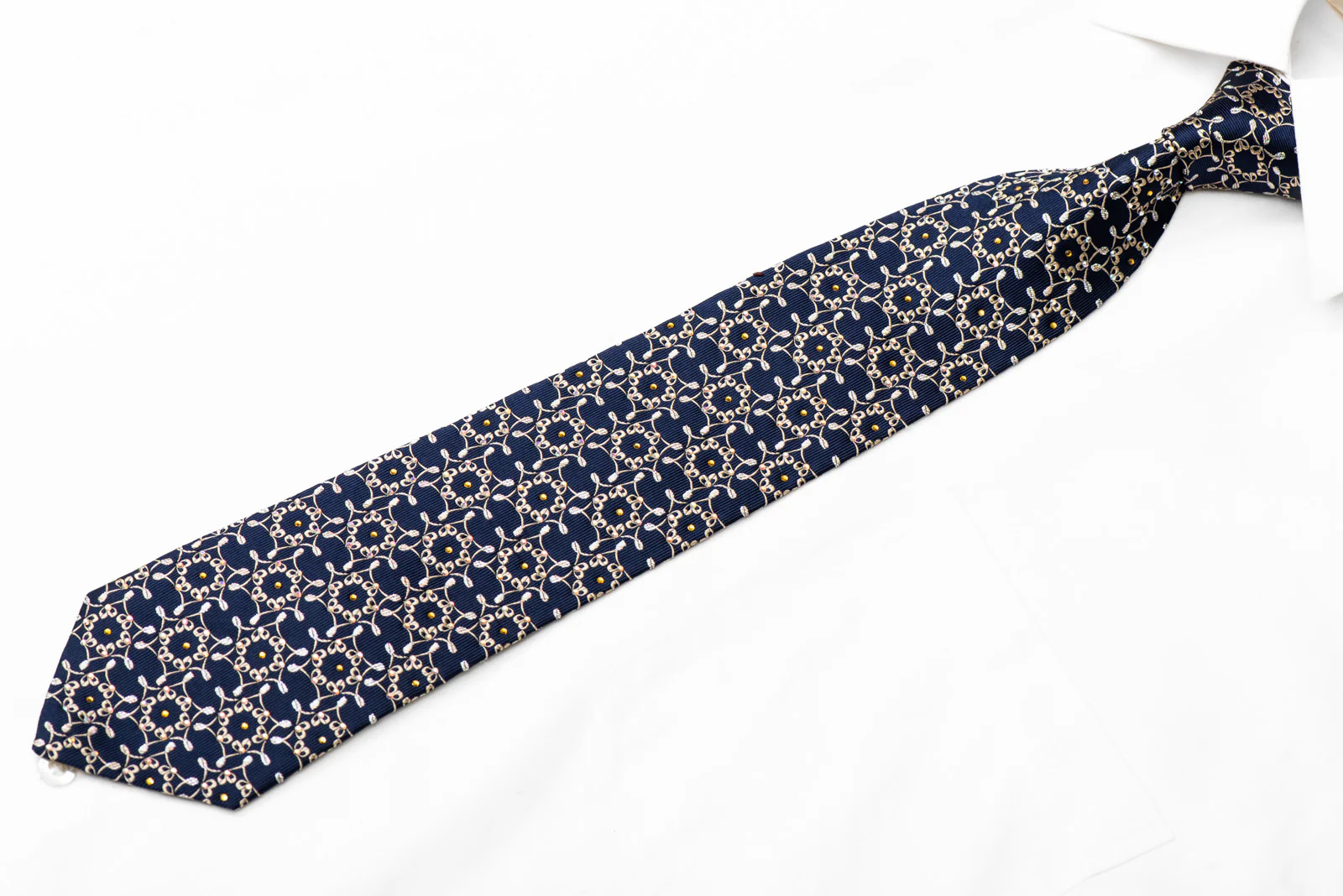 Ornate Gold Design On Navy Blue Rhinestone Silk Necktie With Sparkles - Image 3