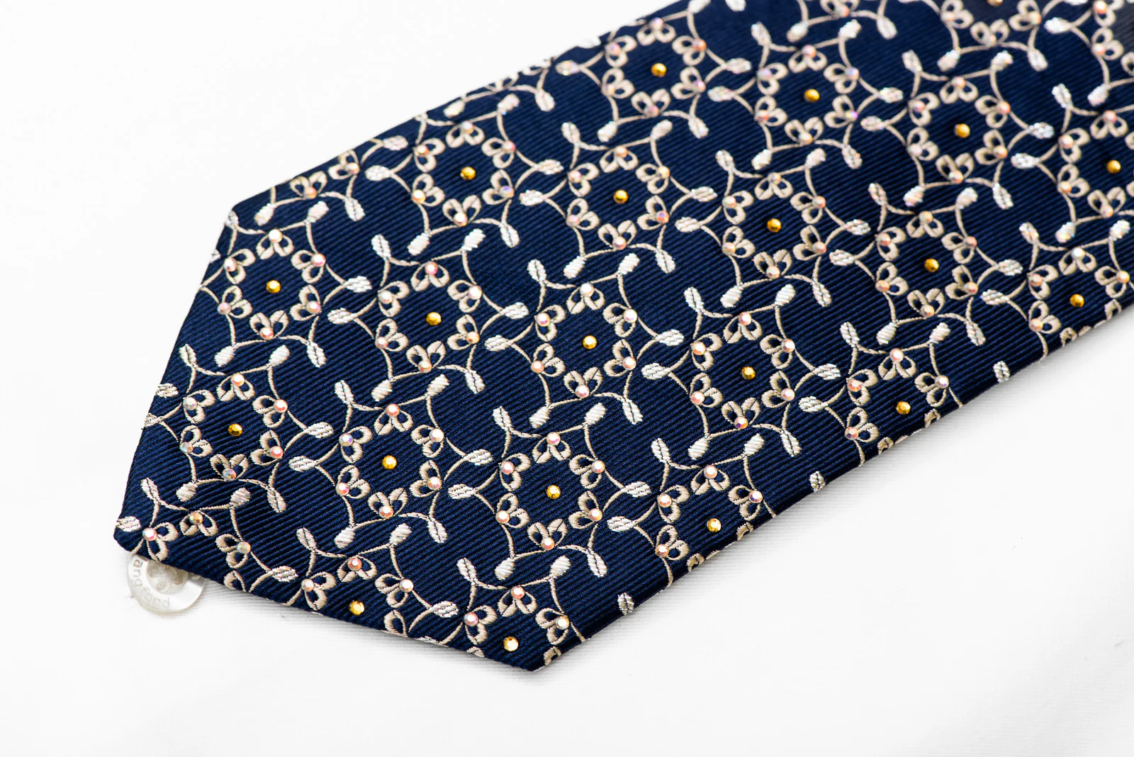 Ornate Gold Design On Navy Blue Rhinestone Silk Necktie With Sparkles - Image 4