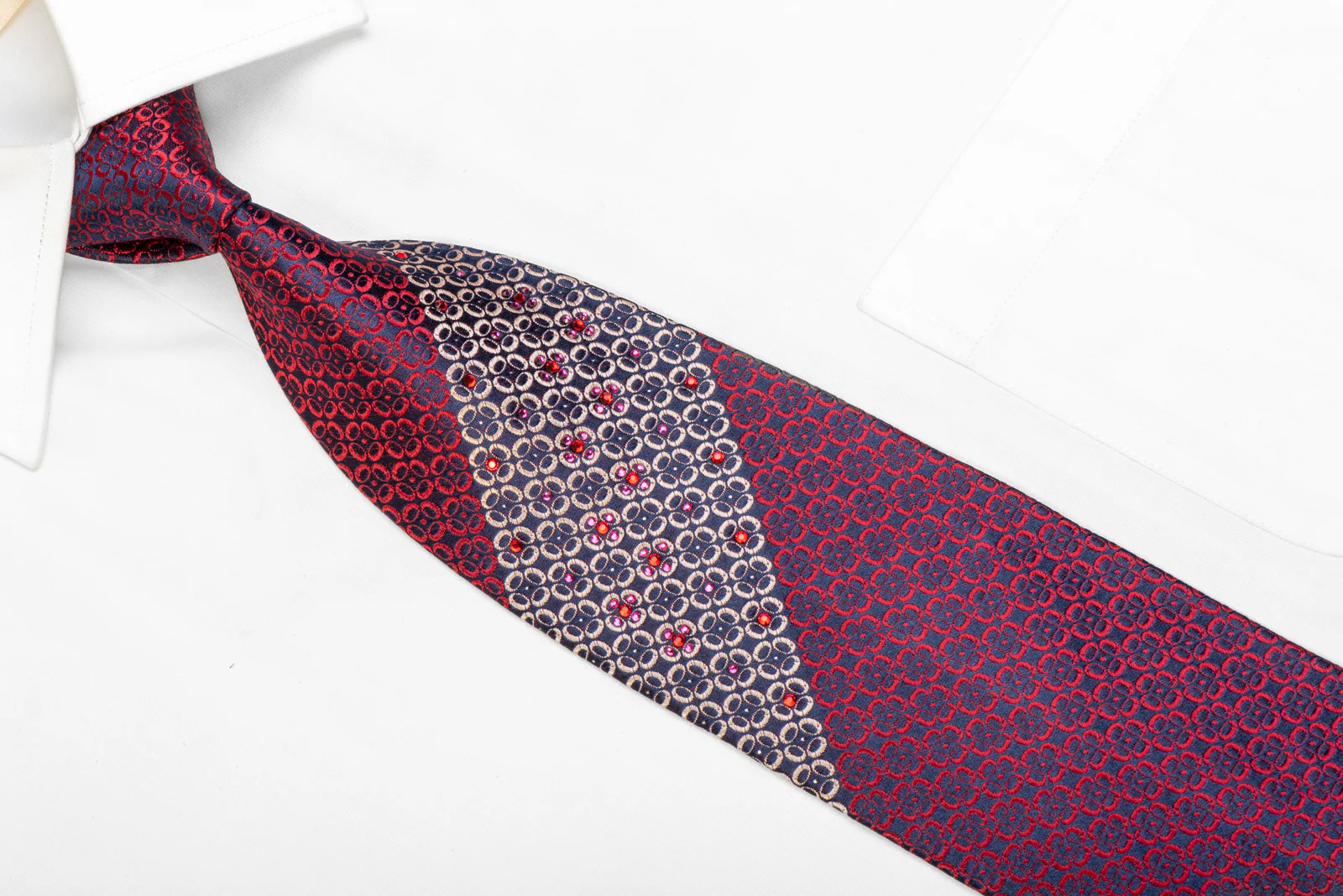 Ornate Red Silver Pattern On Navy Rhinestone Tie With Silver Sparkles - Image 2