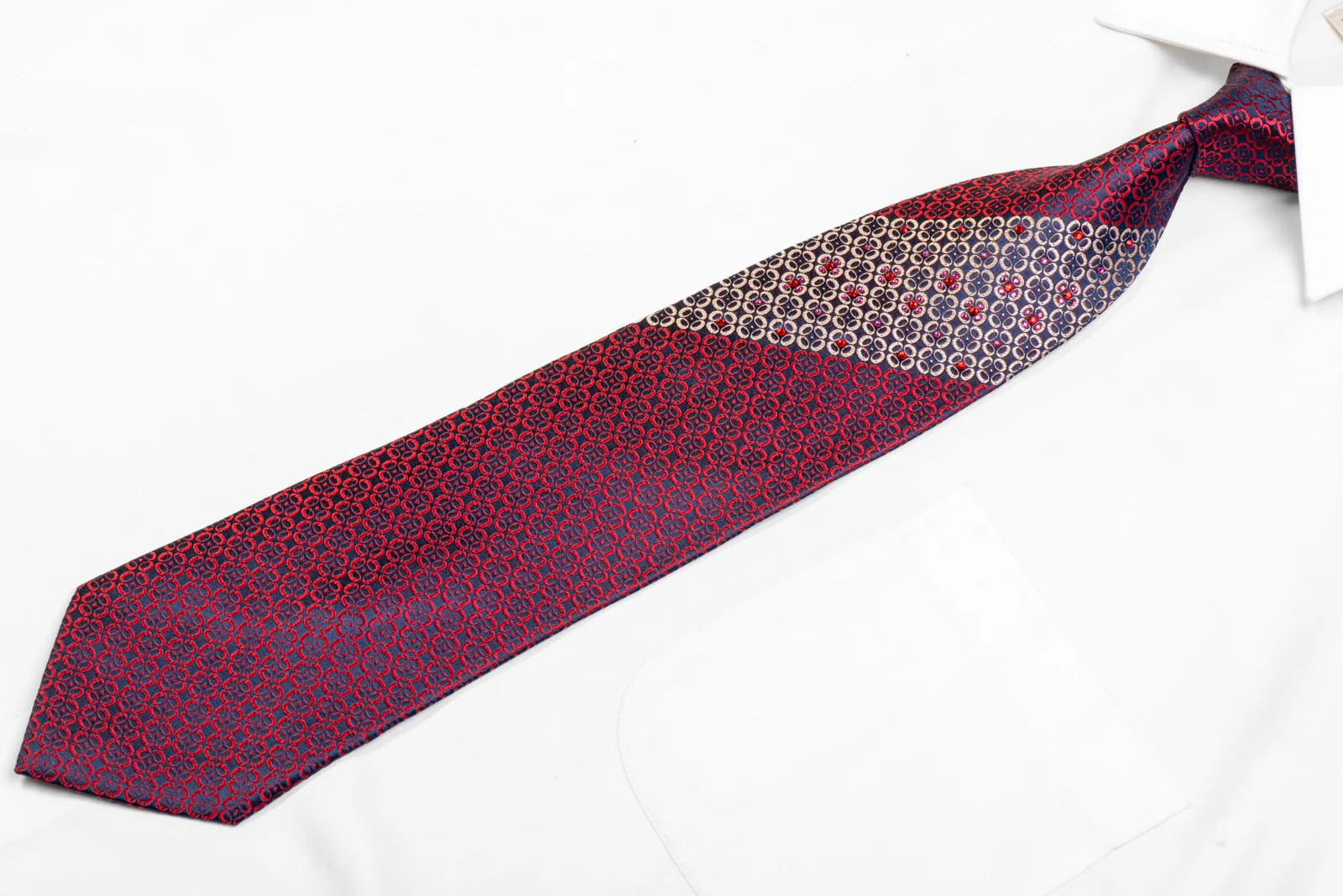 Ornate Red Silver Pattern On Navy Rhinestone Tie With Silver Sparkles - Image 3