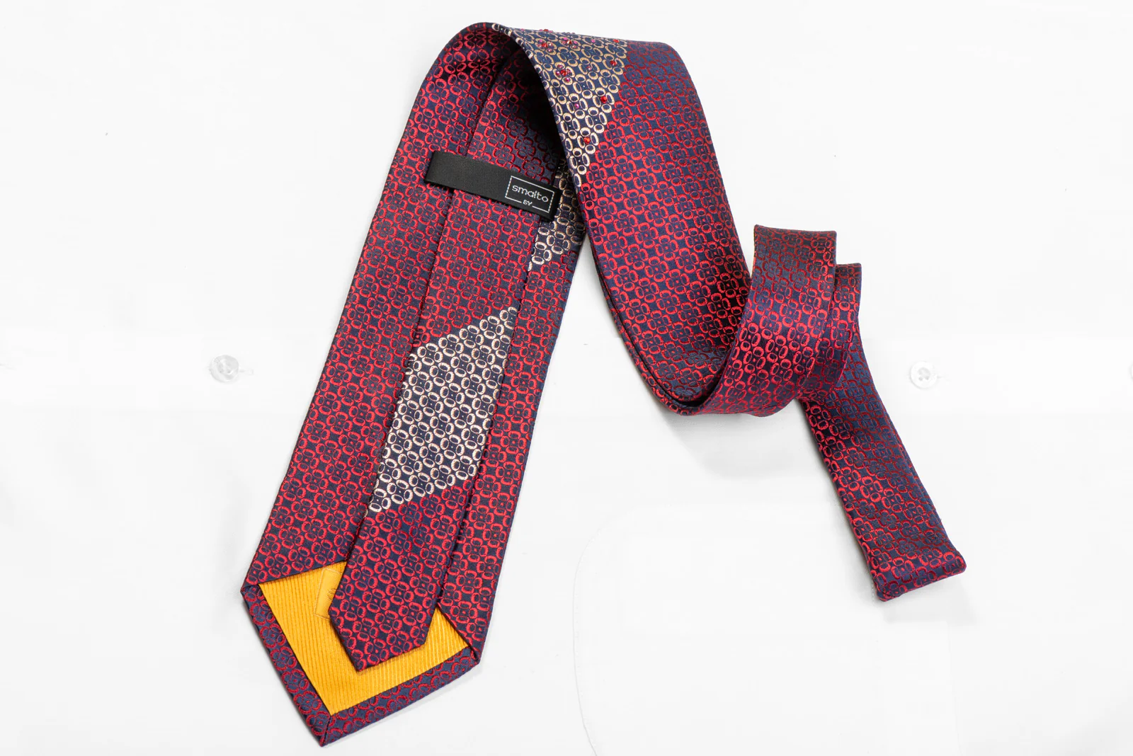Ornate Red Silver Pattern On Navy Rhinestone Tie With Silver Sparkles - Image 4