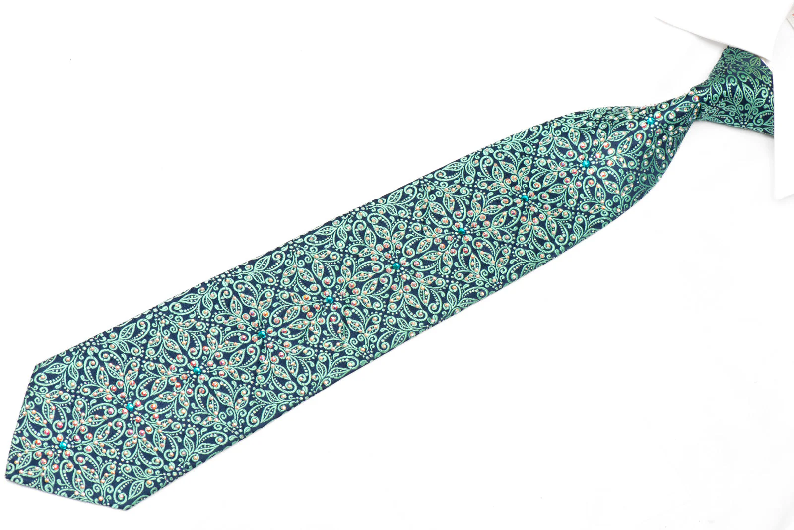 Ornate Turquoise Floral On Blue Rhinestone Silk Necktie With Silver Sparkles - Image 2