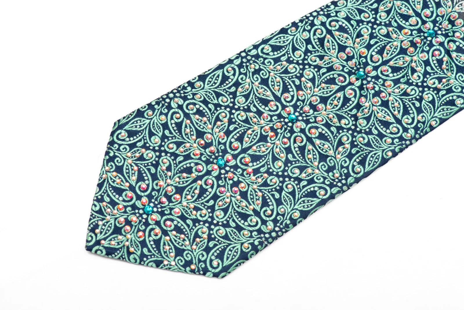 Ornate Turquoise Floral On Blue Rhinestone Silk Necktie With Silver Sparkles - Image 3