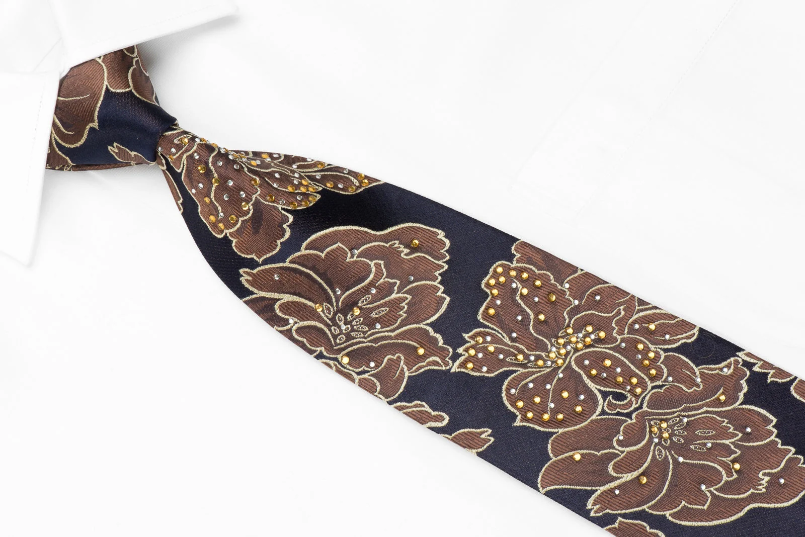OVO Classic Men's Crystal Silk Necktie Brown Floral On Navy With Sparkles - Image 3