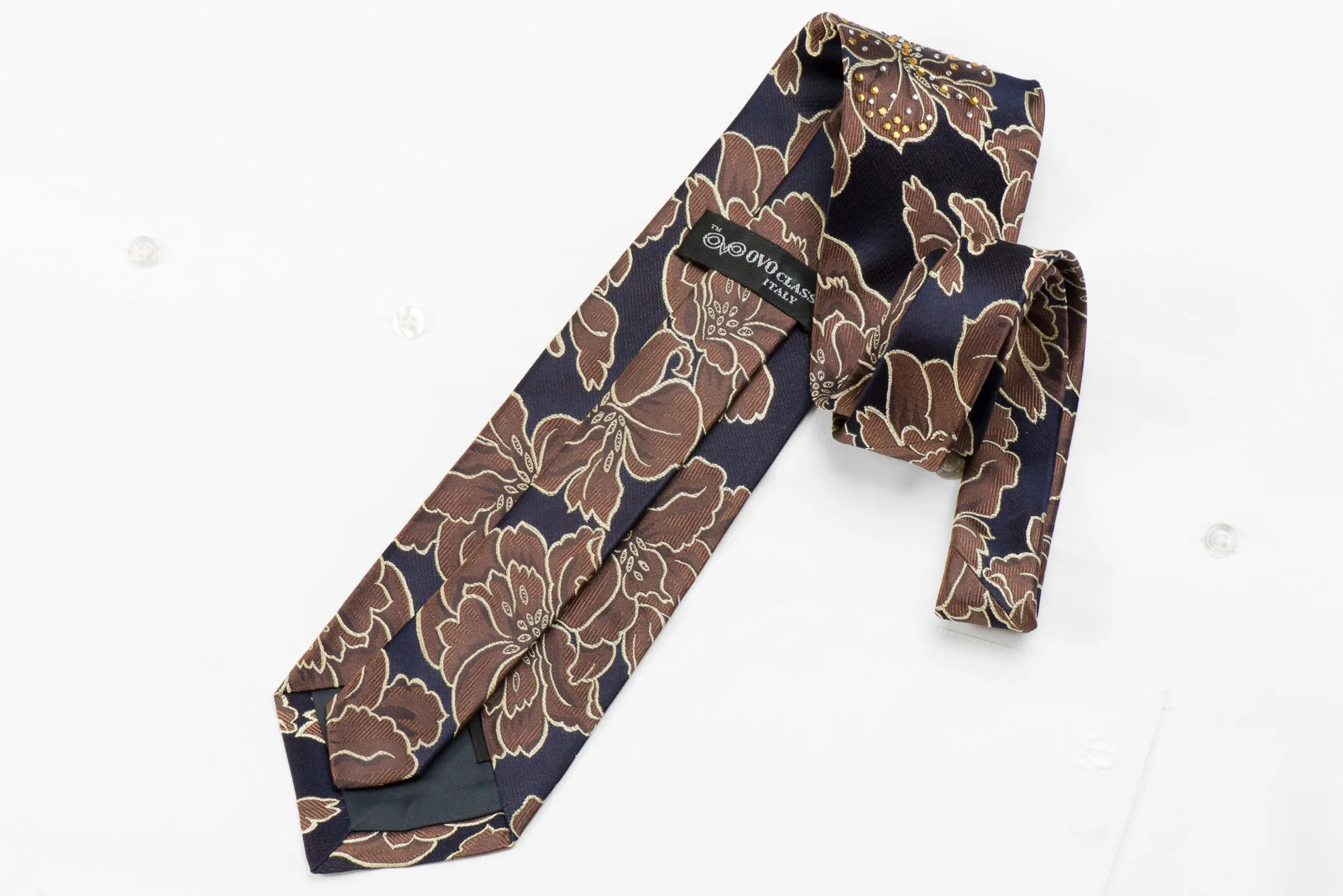 OVO Classic Men's Crystal Silk Necktie Brown Floral On Navy With Sparkles - Image 4