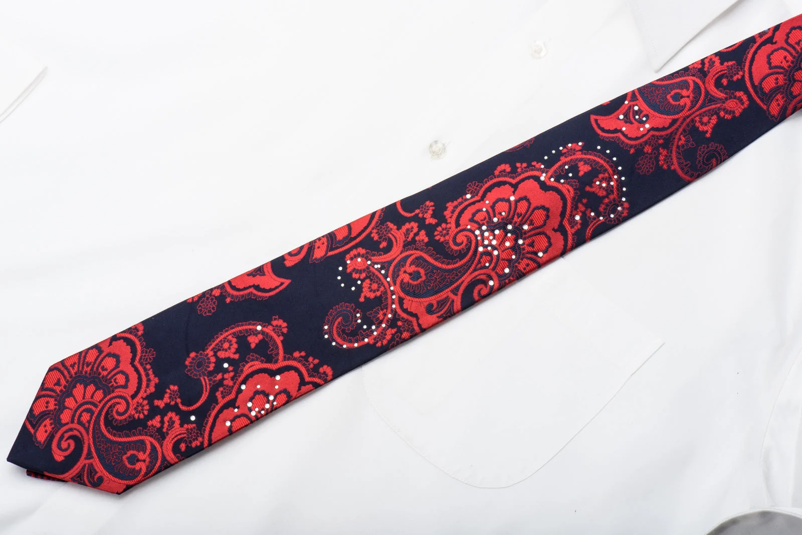 OVO Classic Men's Silk Necktie Red Anthemion On Navy Sparkling With Crystal Rhinestones - Image 4