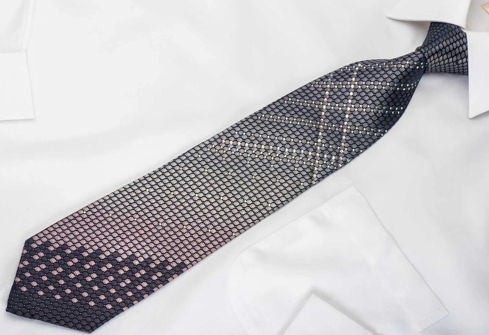 OVO Classic Rhinestone Necktie Silver Geometric On Navy With Silver Sparkles - Image 5