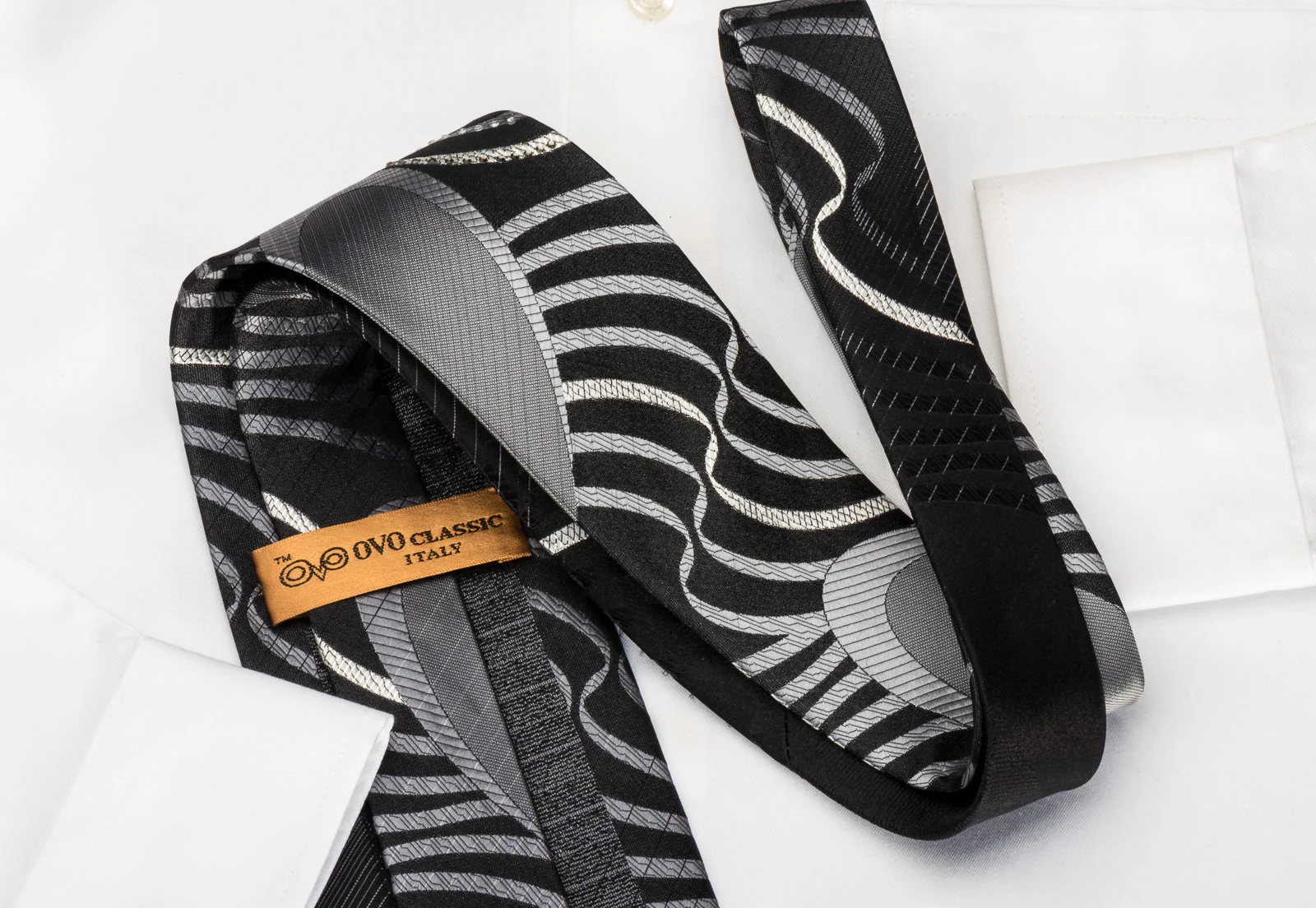 OVO Classic Rhinestone Silk Necktie Silver Geometric Waves On Black With Silver Sparkles - Image 2
