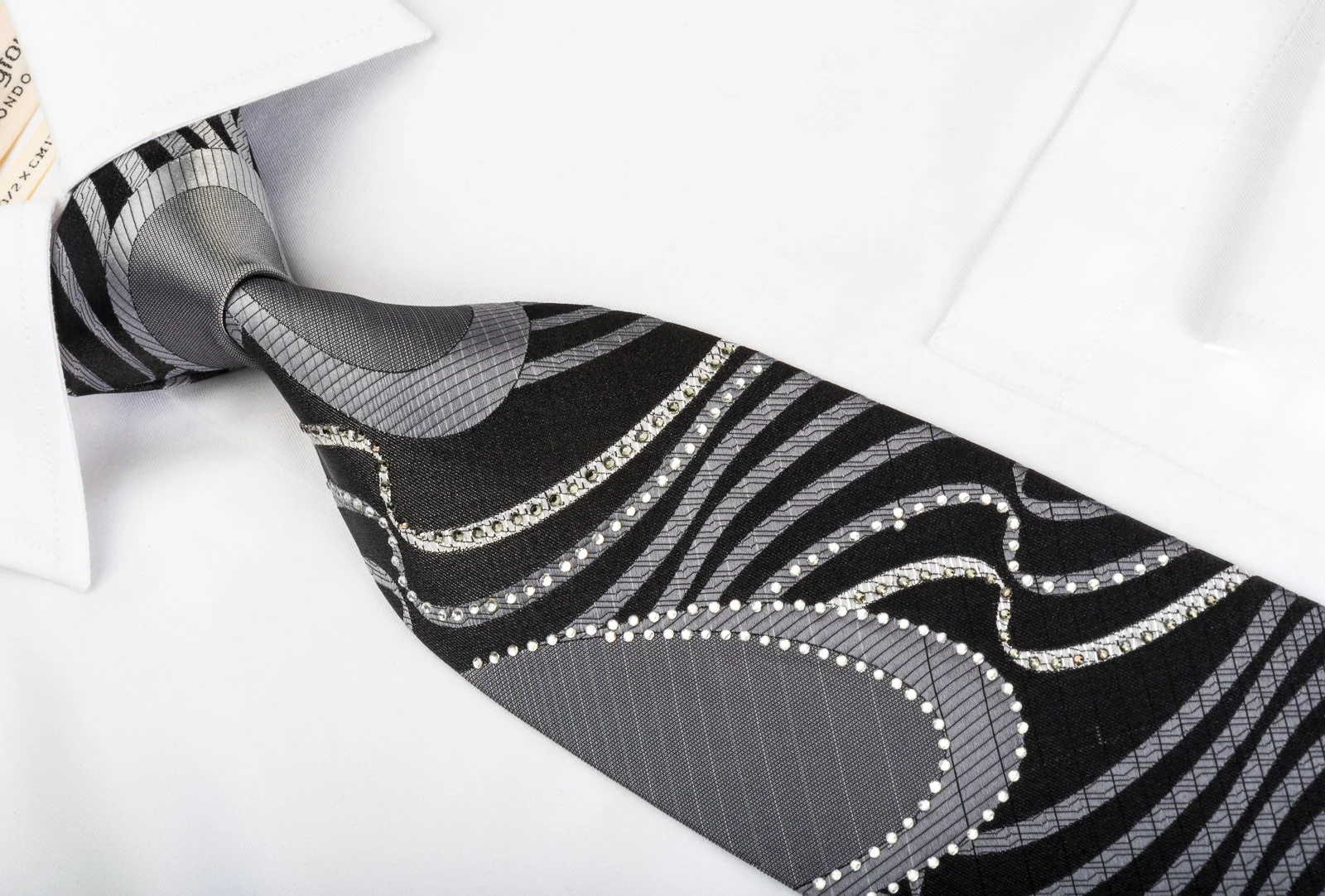 OVO Classic Rhinestone Silk Necktie Silver Geometric Waves On Black With Silver Sparkles - Image 3