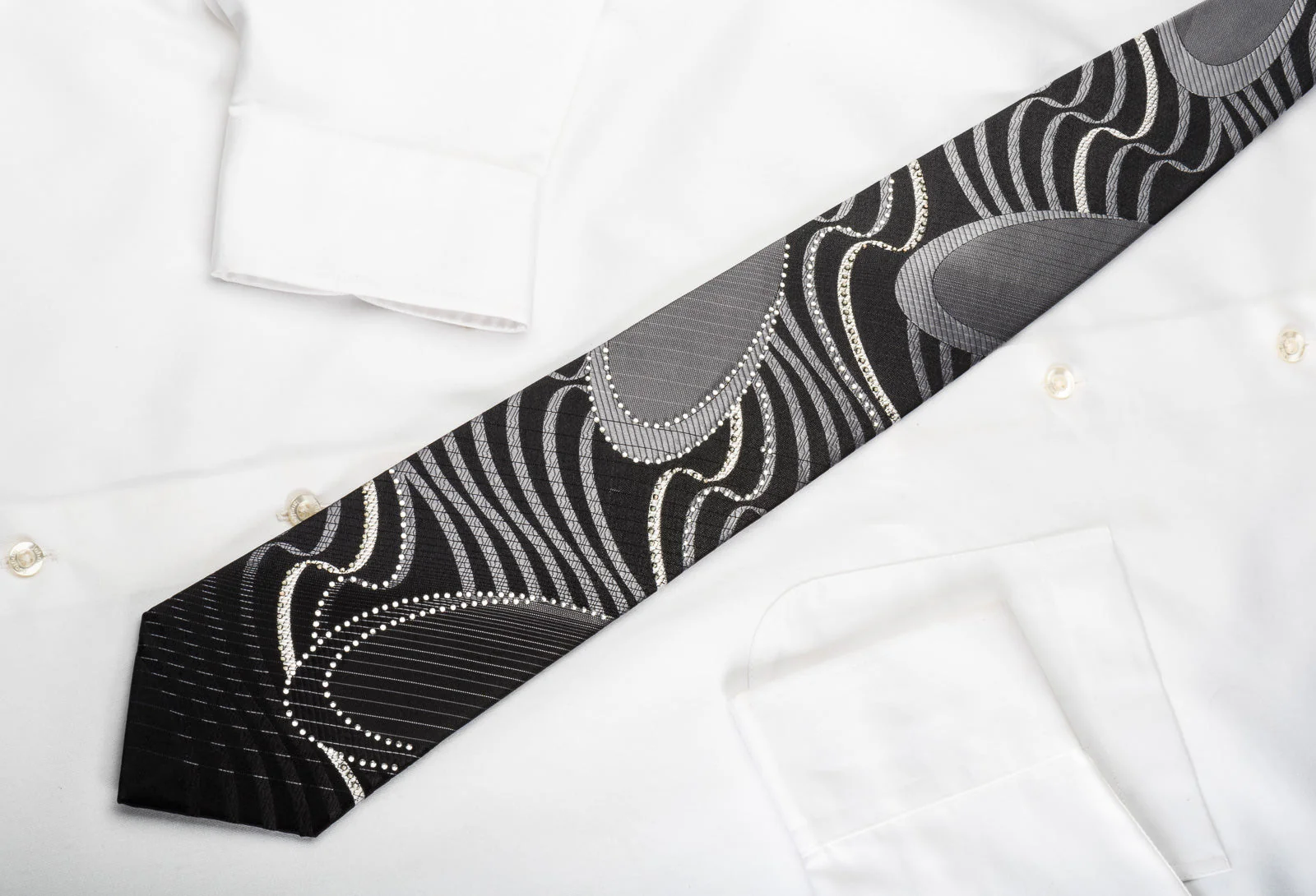 OVO Classic Rhinestone Silk Necktie Silver Geometric Waves On Black With Silver Sparkles - Image 5