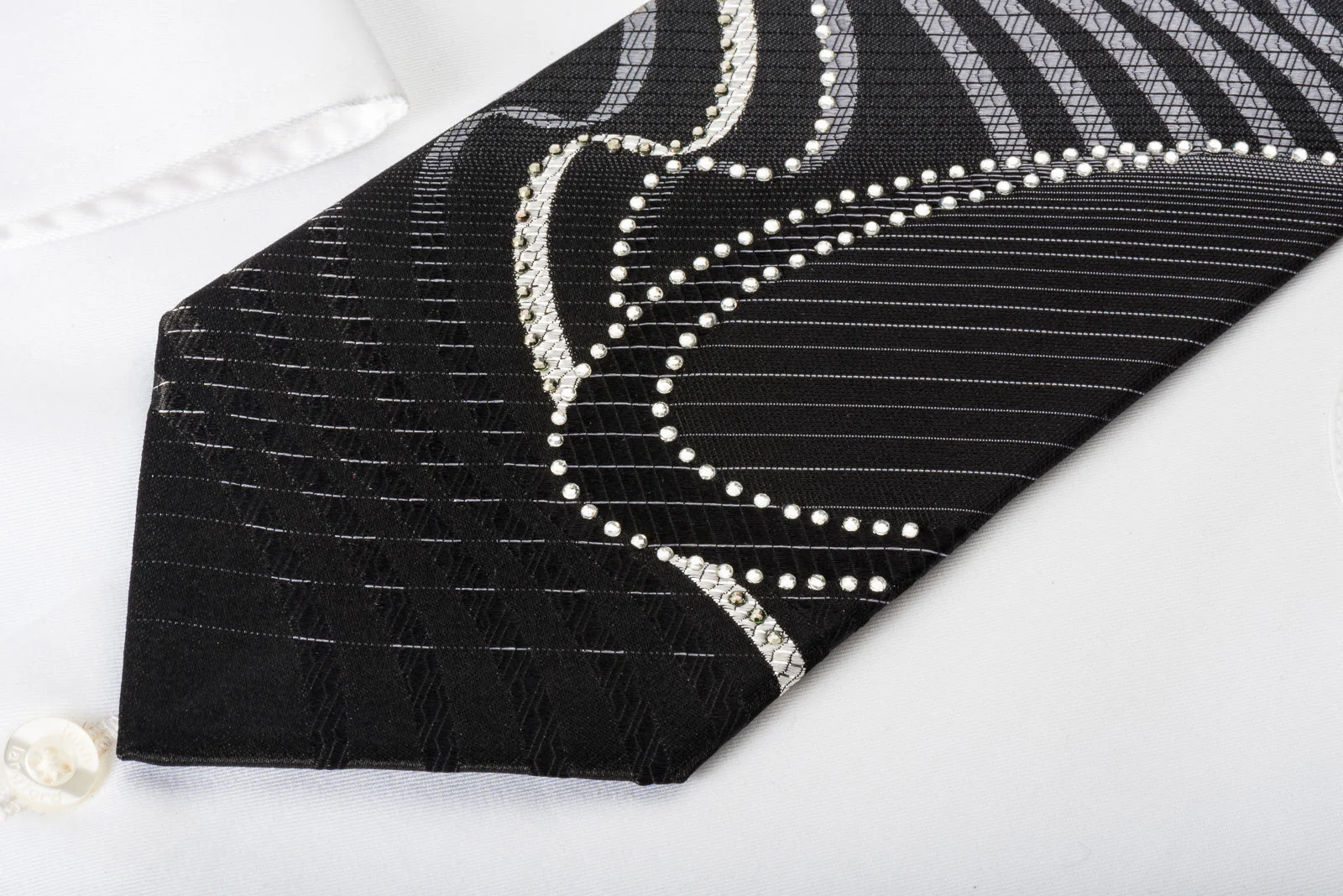 OVO Classic Rhinestone Silk Necktie Silver Geometric Waves On Black With Silver Sparkles - Image 6