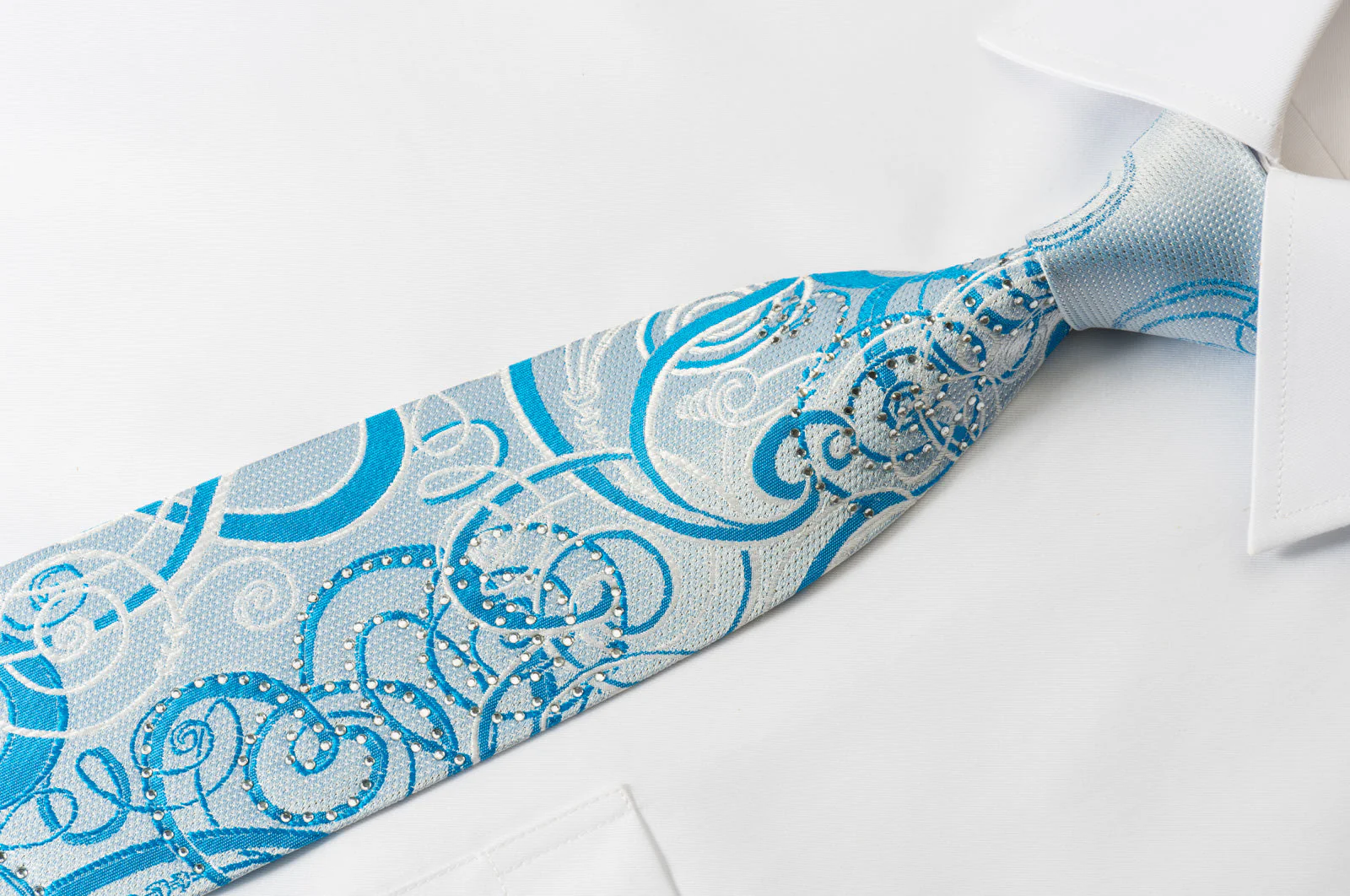 OVO Classic Silk Rhinestone Neckties Scrolls On Blue With Silver Sparkles - Image 3
