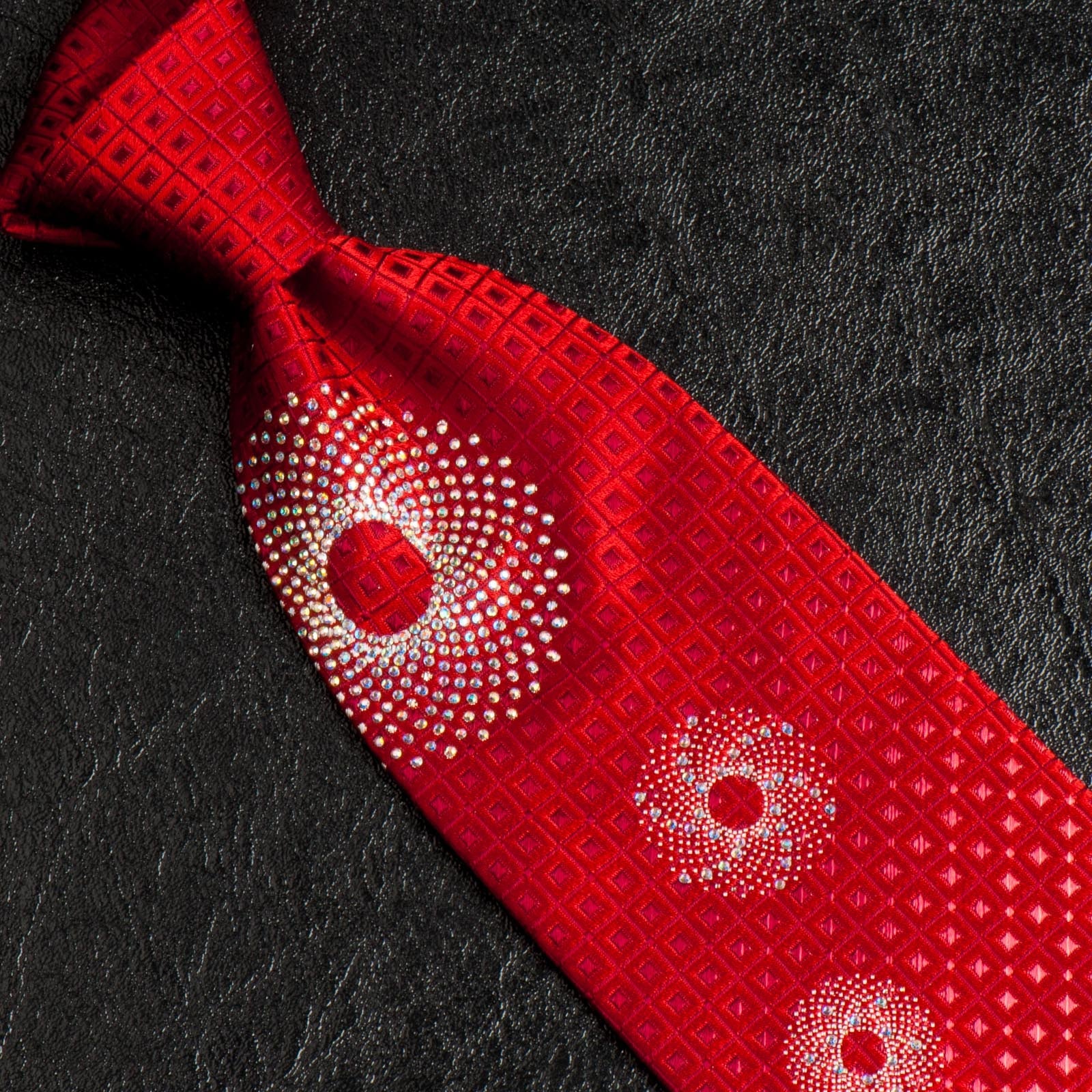 Pacco Rabanne Silk Neck Tie Red Checks With Circular Rhinestone Patterns - Image 7