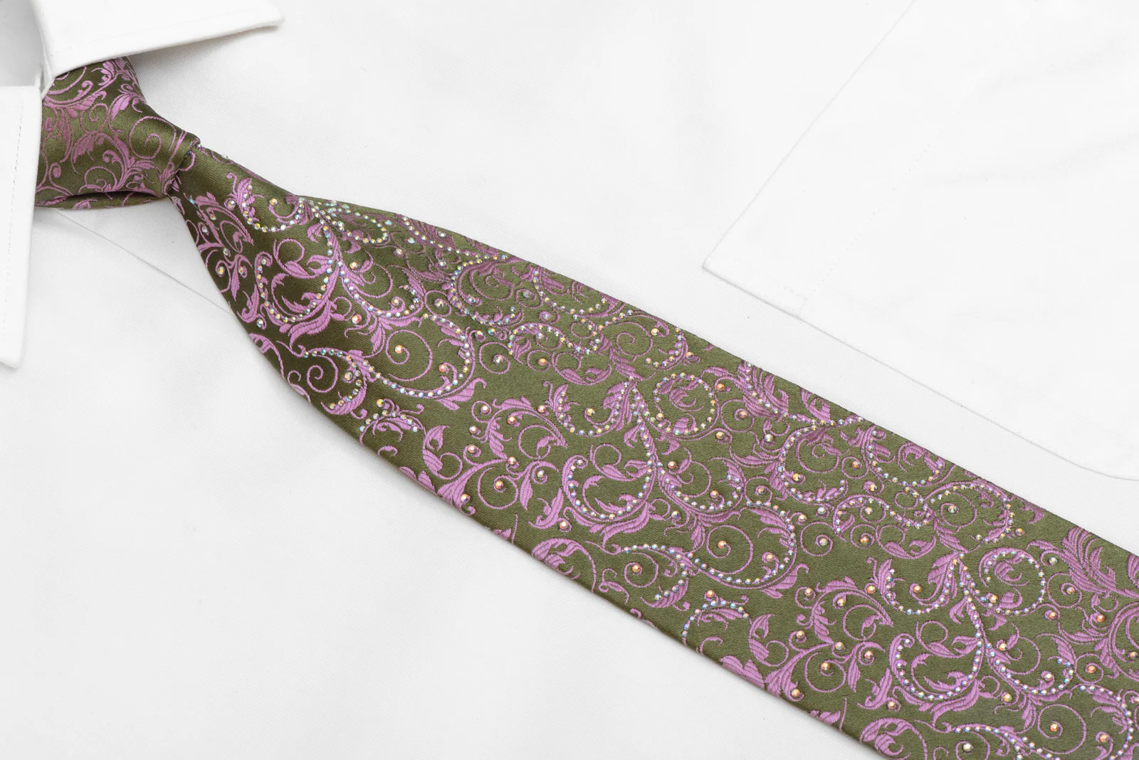 Pink Acanthus Scrolls On Green Rhinestone Silk Necktie - Image 2