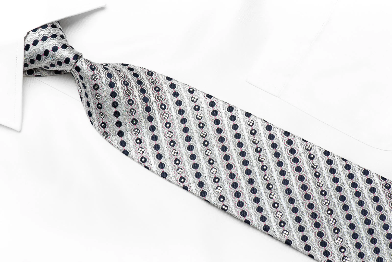 Paco Rabanne Men's Crystal Rhinestone Silk Necktie Geometric & Striped On Silver With Sparkles - Image 2