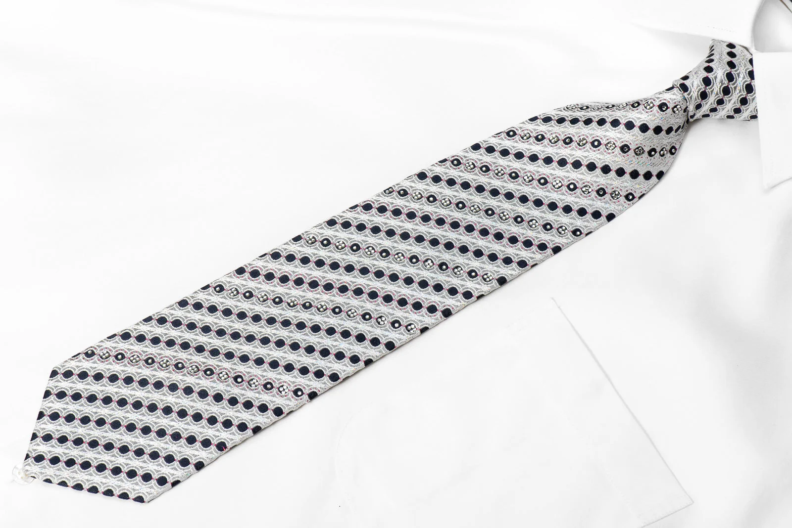 Paco Rabanne Men's Crystal Rhinestone Silk Necktie Geometric & Striped On Silver With Sparkles - Image 3