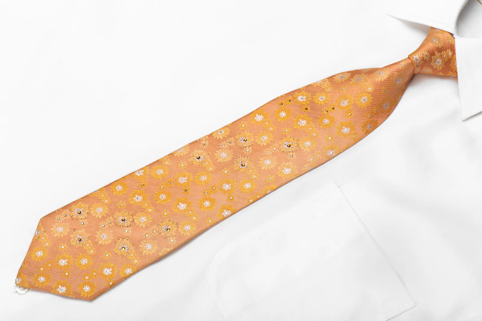Paco Rabanne Men's Crystal Silk Necktie Floral On Preach Orange With Gold Studs - Image 4