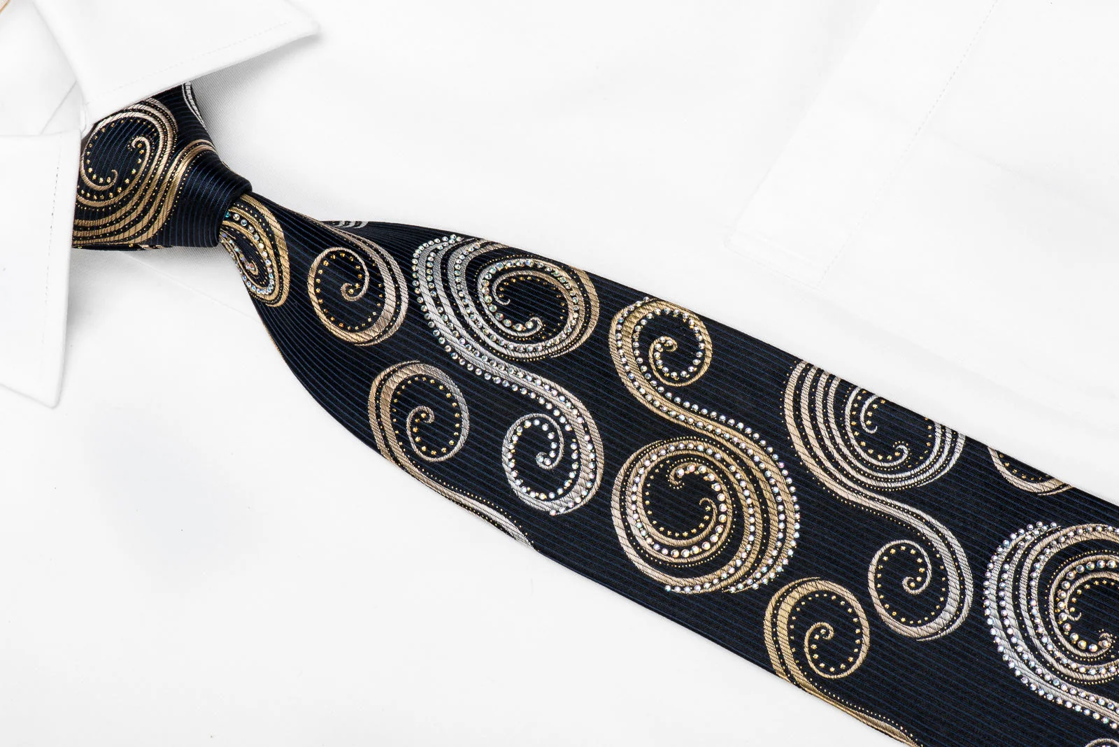 Paco Rabanne Men's Crystal Silk Necktie Gold Silver Scrolls On Black With Gold Sparkles - Image 2