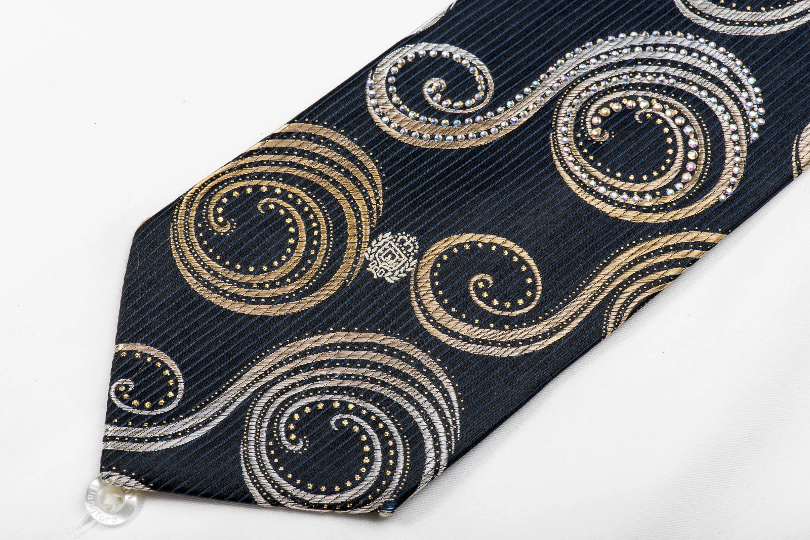 Paco Rabanne Men's Crystal Silk Necktie Gold Silver Scrolls On Black With Gold Sparkles - Image 3