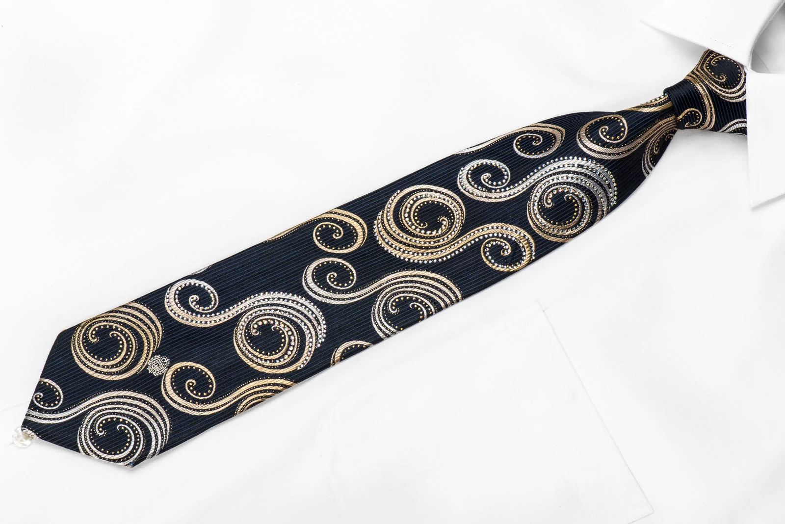 Paco Rabanne Men's Crystal Silk Necktie Gold Silver Scrolls On Black With Gold Sparkles - Image 4