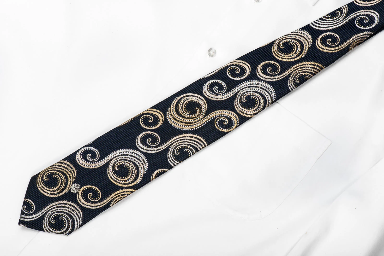 Paco Rabanne Men's Crystal Silk Necktie Gold Silver Scrolls On Black With Gold Sparkles - Image 5