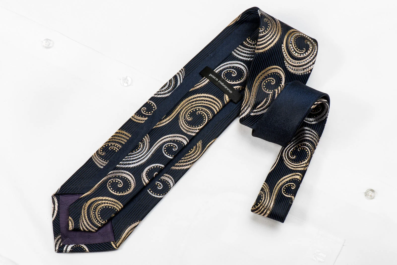Paco Rabanne Men's Crystal Silk Necktie Gold Silver Scrolls On Black With Gold Sparkles - Image 6
