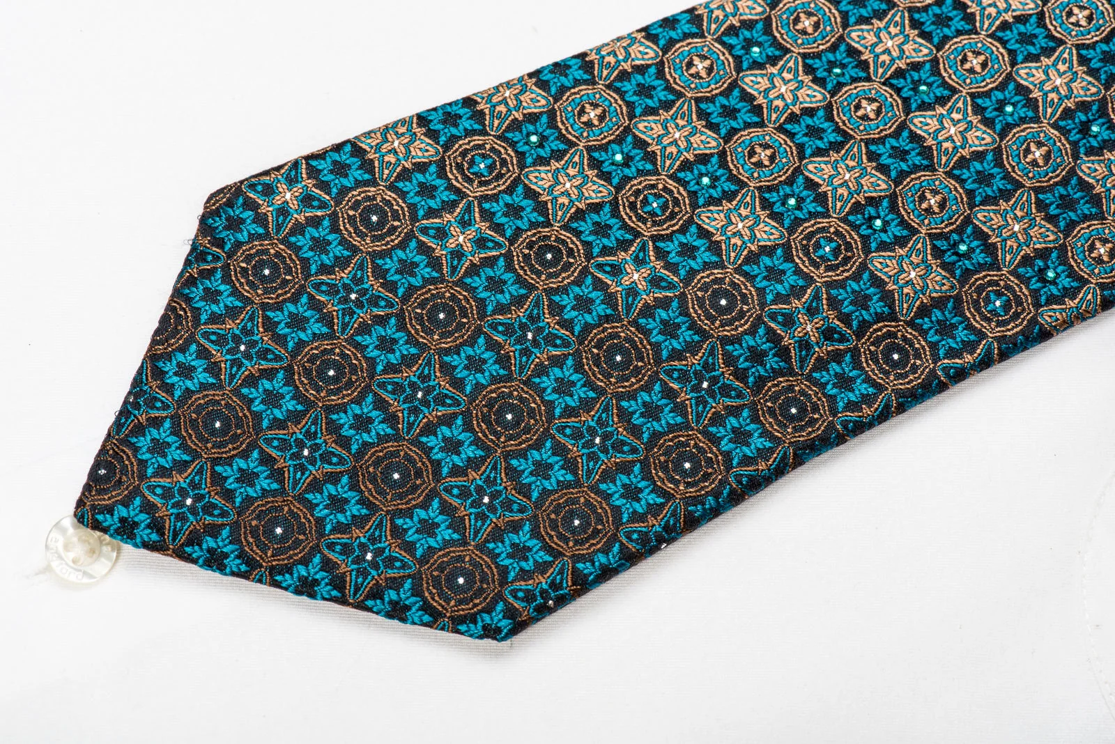 Paco Rabanne Men's Crystal Silk Necktie Gold Turquoise Checkered Cartouche On Black With Sparkles - Image 2