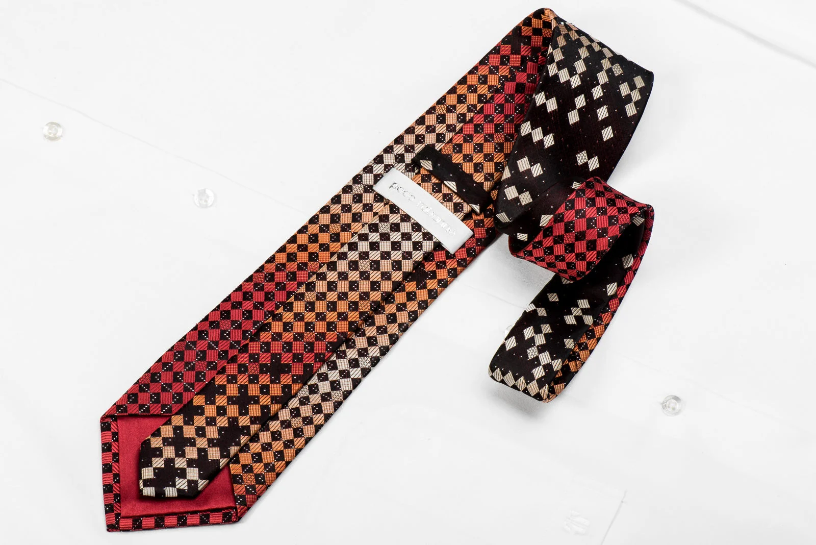 Paco-Rabanne Men's Crystal Silk Necktie Orange Black Checkered With Sparkles - Image 2