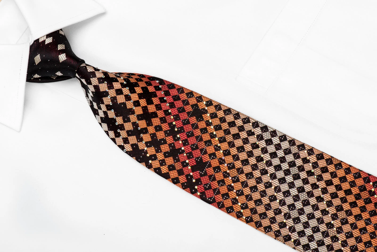Paco-Rabanne Men's Crystal Silk Necktie Orange Black Checkered With Sparkles - Image 4