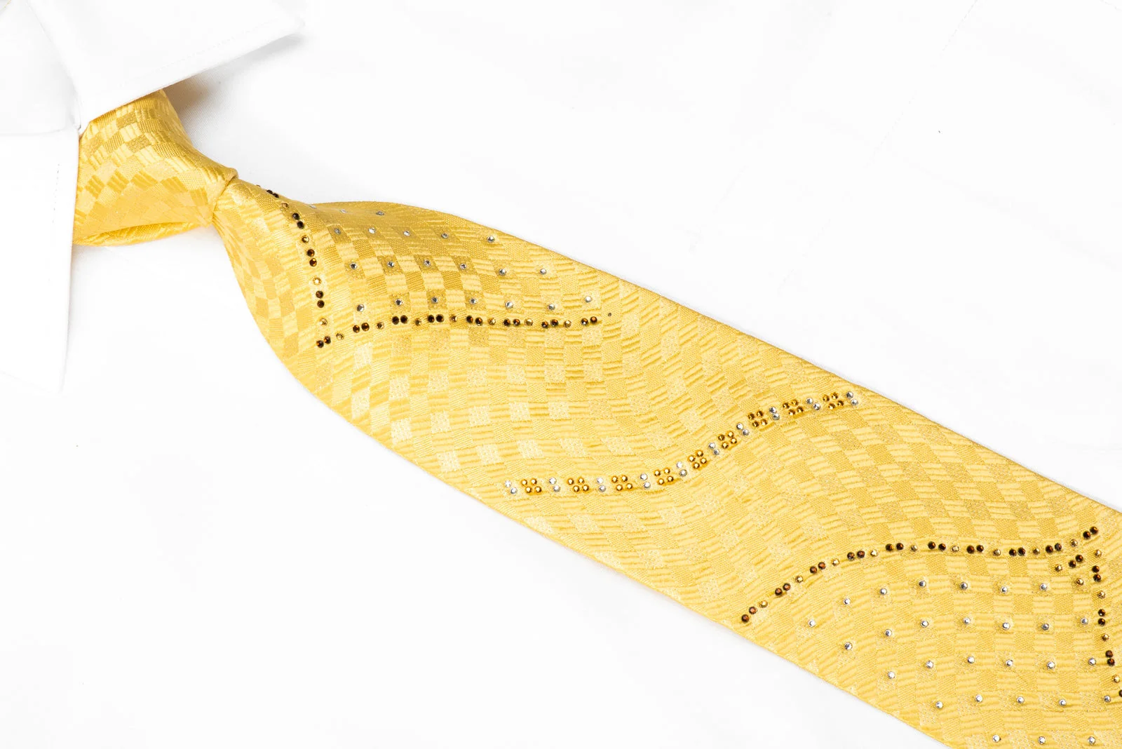 Paco Rabanne Men's Crystal Silk Necktie Yellow Checker With Silver Sparkles - Image 2